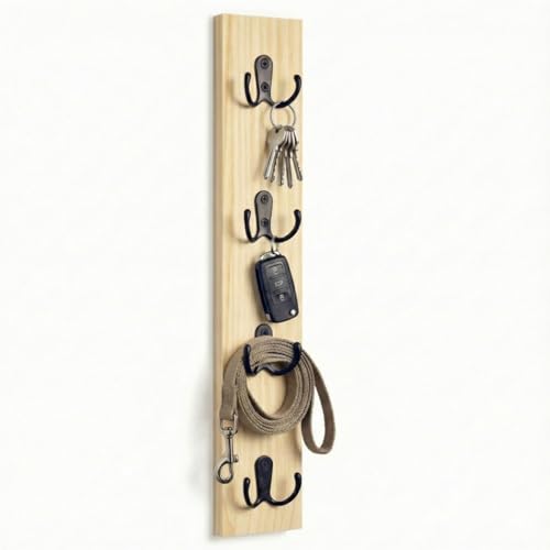 Vertical Key Holder for Wall & Dog Leash Holder – Solid Wood Wall Mount Key Rack with 8 Hooks – Small Space Saving Entryway Organizer for Keys, Lanyards, Masks (Adhesive or Screws)(Natural) - color: wood