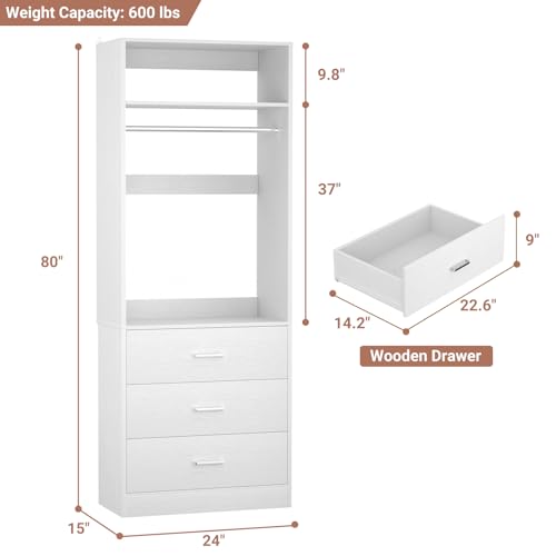 Besiost Freestanding 2FT Closet System with 3 Wood Drawers, 24" Closet Organizer System with Hanging Rod & Shelves, Walk-in Closet Systems for Small Closets, White (24"L x 15" W x 80" H) - color: White, size: 2FT