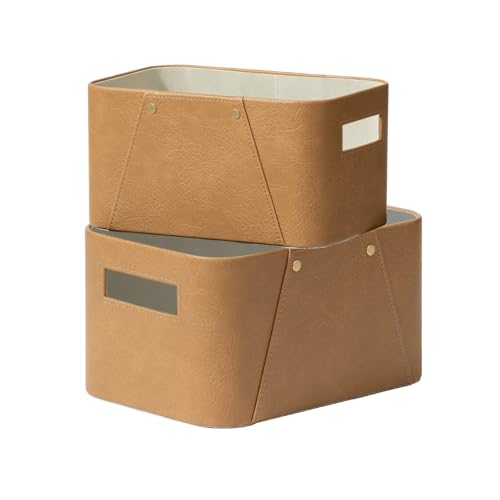 La Jolie Maison Storage Baskets for Organizing, 2 Pack, Storage Cube Boxes Luxury Brown Vegan Leather for Closet Shelf Cabinet Bookcase Camel - color: Camel