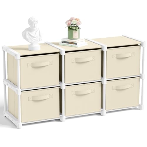 Thyle Large Cube Storage Organizer Shelf with 6 Bins 14 Inch Fabric Collapsible Cubby Storage Drawers Shelving Unit for Christmas Ornaments Clothes Toys Craft(Beige,Minimalist) - color: Beige, style: Minimalist