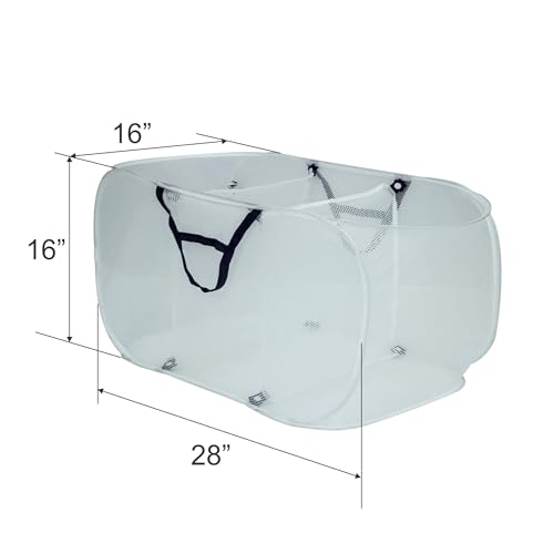Pop-Up Mesh Laundry Basket with Triple Compartments, 3 Section Sorting Hamper, White, 16" x 16" x 28"