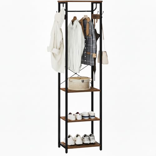 Coat Rack With Hanging Rod, Garment Rack With 3 Wooden Shelves and 4 Hooks, Freestanding Hall Tree, Industrial Clothes Rack Stand Organizer, Rustic Brown and Black - color: Rustic Brown and Black, style: with Top Shelf