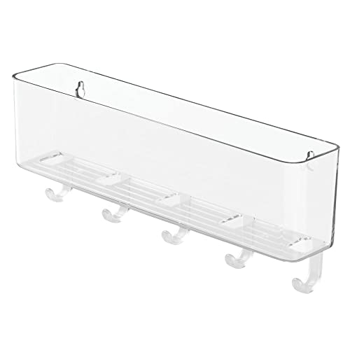 mDesign Plastic Wall Mount Mail and Key Holder with 5 Hooks, Hanger Rack Shelf for Home Entryway, Mudroom, Kitchen, Hold Letters, Cards, Magazines, Coats, Umbrellas, Ligne Collection - Clear - color: Clear
