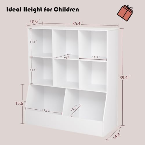 DINZI LVJ Toy Storage Organizer, Kids Bookshelf, Wood Toy Storage Cabinet, 3-Tier 8 Cubby Children Bookcase, 35.4" L Toddler Book Shelf for Playroom, Living Room, Nursery, Hallway, School, White - color: White, size: 3-Tier 35.4"