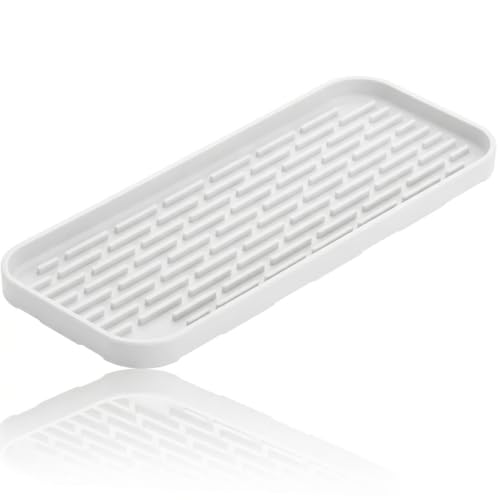 Silicone Organizer Tray, Soap and Sponge Holder for Kitchen Sink, Bathroom - Storage Tray for Dish Brush, Soap Dispenser, Dishwashing Accessories-(White 1 Pack, 12"x4.7") - color: White, size: 12"x4.7", 1 Pack