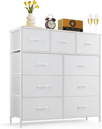 9-Drawer Dresser for Bedroom, Anti-Tip Tall Storage Organizer Chest of Drawers with Wooden Top and Metal Frame Fabric Bins for Closet, Living Room, Hallway, Entryway, White - color: White, size: 11.8"D x 39.4"W x 40"H (9 Drawers)