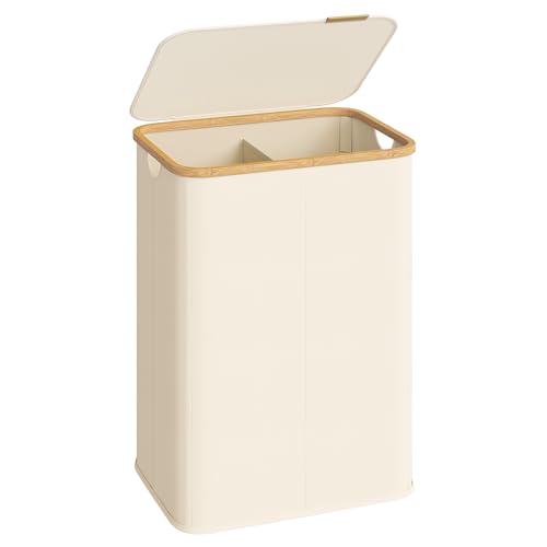 SONGMICS Laundry Hamper, Laundry Basket with Lid, Foldable Storage Basket, Bamboo Frame, for Bedroom, Living Room, Oxford Fabric, 37 Gal. (140 L), Cream White ULCB519WD01 - color: Cream White, size: 140 L (2-Section)