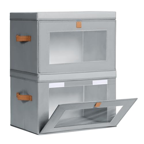Homsorout Large Closet Storage Organizer - Clothes Storage Bins with Handles & Window, Collapsible Decorative Boxes with Lids, Fabric Containers for Living Room, Dorm, 2 Pack, Grey - color: Grey, size: Large - 2 Pack