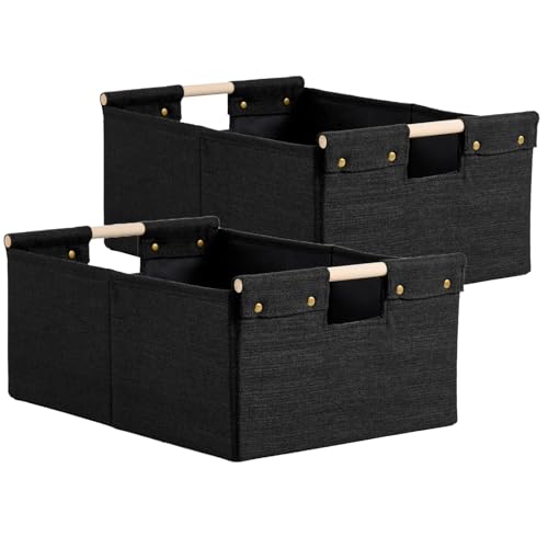 2PCS Storage Bins Cotton Linen Fabric Storage Boxes Basket with Wooden Handles Foldable Washable Decorative Shelf Container Closet Clothes Organizer Home Laundry (Small Size, Black) - color: Black, size: Small (Pack of 2)