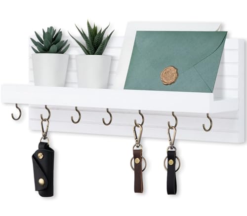 Lwenki Decorative Key Holder for Wall with Shelf, Entryway Shelf with Hooks Holds Leashes, Jackets and Glasses – Sturdy Wood Keyholder Entrance Hanger with Mounting Hardware (White, Large) - color: White, size: Large