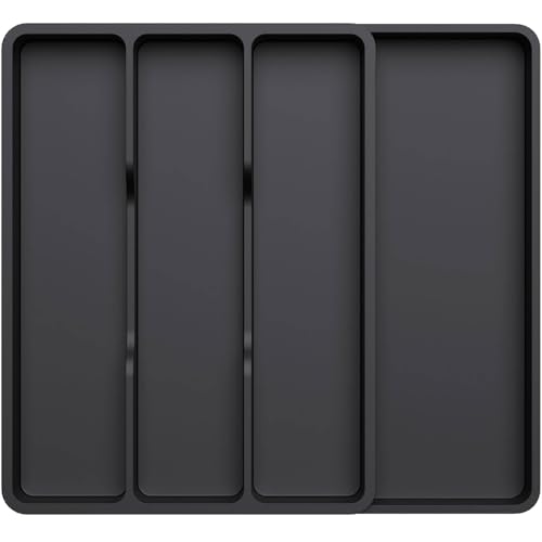 Lifewit Utensil Organizer for Kitchen Drawer, Expandable Cooking Silverware Tray, Adjustable Cutlery Flatware Holder, Plastic Spatula Tools Storage Divider, 17.3 x 15.8", Black - color: Black, size: 17.3*15.8*1.8 inch (4 Slots)
