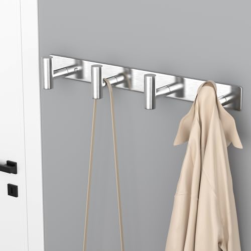 VAEHOLD Silver Hat and Coat Wall Mount Rack - Coat Rack with 4 Hooks for Robes, Bags, Keys, and Towels - Bathroom Towel Hanger Organizer (2 Pack) - color: Silver, size: “T“ Shape 4 Hooks 2 Pack