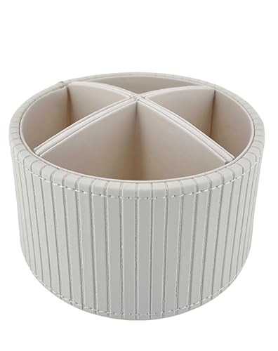 PU Leather Round TV Remote Control Holder for Table,360° Swivel Office Supply Desktop Organizer,4 Compartments Phone/Pen/Pencil Holder,Suitable for Stationery/Heater Controllers Etc - color: White stripe