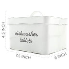 AuldHome Design Dishwasher Pod Holder, Tablet Container; White Enamelware Rustic Kitchen Storage Tin w/ Lid