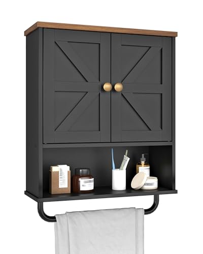 CHOEZON Bathroom Wall Cabinet, Medicine Cabinet with Open Partition and Towel Bar, Rustic Storage Cabinet with Open and Hidden Storage Space, for Bathroom, Living Room, Kitchen, Black and Walnut - color: Black and Walnut, size: 7.1"D x 18.9"W x 24.8"H
