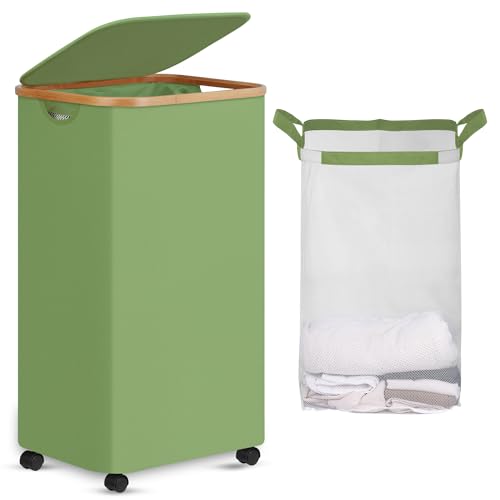 efluky Laundry Basket with Wheels, Tall Rolling Laundry Hamper with Lid and Removable Bag, Aesthetic Dirty Clothes Hamper on Wheels for Laundry Room, Bedroom, Dorm and Bathroom, 100L Green - color: Green, size: 100L