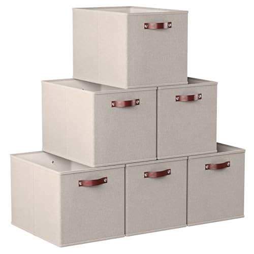 Ornavo Home 13 x 15 x 13 Kallax Storage Cube Bins, Foldable Collapsible Fabric Storage Bins Box Linen Shelf Basket Cube Organizer for Closet with Leather Handles, 6 Pack, Beige - color: Beige, size: Kallax - 13 x 15 x 13
