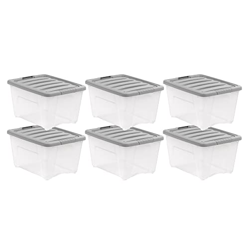Amazon Basics Plastic Storage Containers with Secure Latching Lids, Stackable Organization Bins, Clear/Grey, 32 Quart, Set of 6 - size: 32 Qt. - 6 Pack