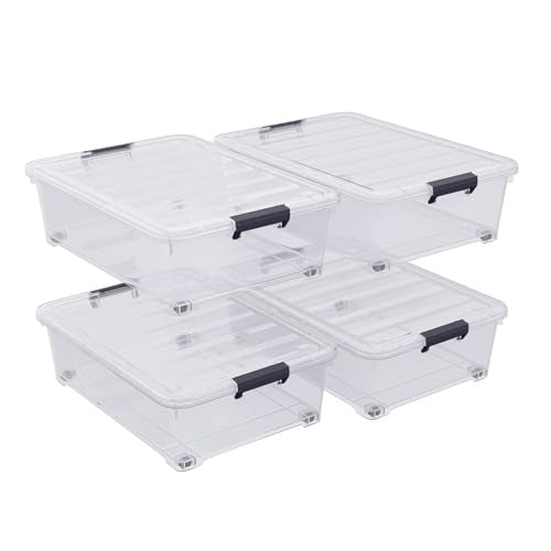 4-Pack 25L Plastic Under Bed Storage Organizer Bin Container with Latch Lids and Wheels, Clothes Storage Box Rolling Underbed, Clear - size: 25L