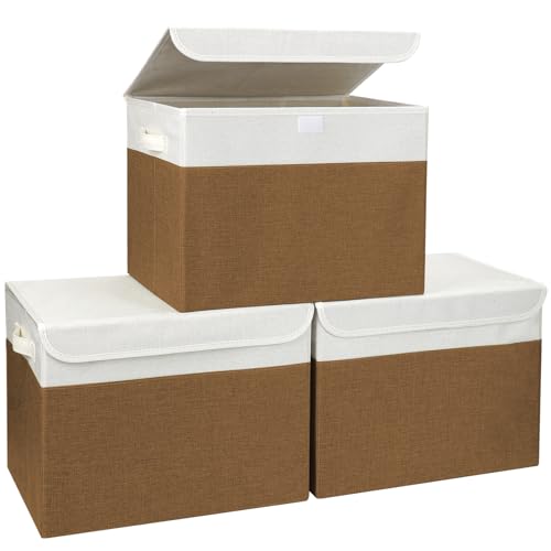 Large 17" 42 Quarts Collapsible Stackable Storage Bins with Lids [3-Pack] Foldable Fabric Linen Storage Boxes Cube, Closet Organizer Baskets with Label for Home (16.7 x 12 x 12", Brown & White) - color: Brown & White, size: Large - 3 Pack