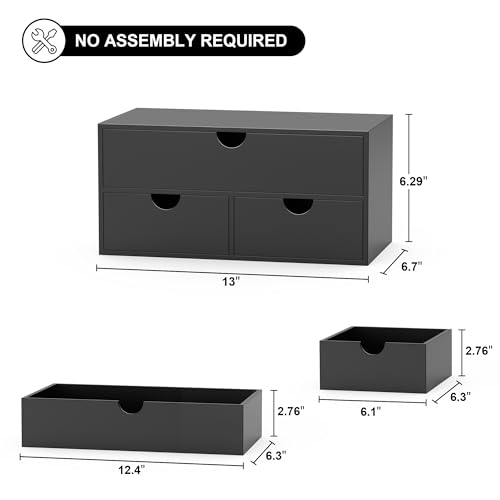 Bamboo Desk Organizer with Drawers Desktop Storage Drawers for Bills Office Supplies Kitchen Utensils Organizing Tool for Home Classroom Organization No Assembly (Black) - color: Black