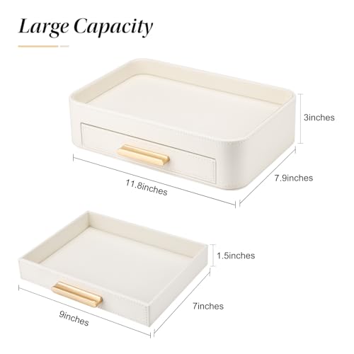 GORESE PU Leather Valet Tray with Drawer, Nightstand Organizer Catch All Tray for Jewelry Perfume Purse Trinket Key Holder, EDC Trays for Desk Vanity Entryway Table, Gift for Women Men, Cream White - color: Cream White