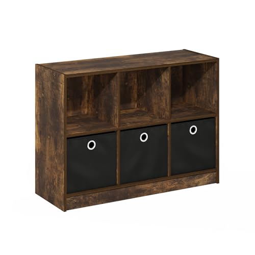 Furinno Basic Book Shelf, 6-Cube Bookshelf with Open Shelf, 3 x 2 Bookcase with Storage Bins, Closed Back, Horizontal, 11.9 x 31.6 x 23.6, for Living Room, Bedroom, Home Office, Amber Pine - color: Amber Pine/Black, size: 6-Cube with Bin