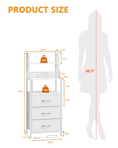 Furnulem Night Stand, White Bedside Nightstand with 4-Tier Shelves and 3 Fabric Drawers, LED Bed Side Tables with Charging Station, Tall Dresser for Bedroom, Hallway, Office - color: White, size: 3 Drawer