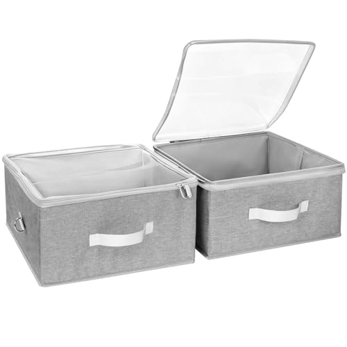 Livelab Fabric Storage Bins for Shelves with Clear Lid, 2-Pack Stackable Closet Organizer Basket with Handles, Foldable Storage Cubes Boxes for Organizing for Clothes, Towels, Books | Gray