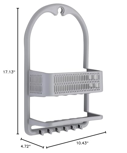 Bath Bliss Molded Shower Caddy | Bathroom Storage | Hangs Over Shower Head | 6 Accessory Hooks | Holds Razors | Washcloths | Accessories | Suction Cup Stability | Grey