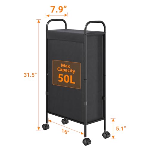ELYKEN Slim Laundry Hamper with Lid, 50L Small Rolling Laundry Basket on Wheels, 7.9” Narrow Dirty Cloth Cart with Removable Inner Bag for Small Bathroom, Bedroom, Black - style: Black-50L