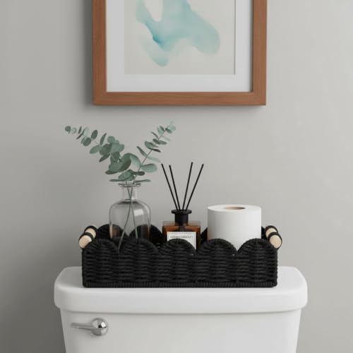 CubesLand Toilet Paper Storage Basket Organizer, Small Wicker Toilet Tank Top Decorative Baskets for Countertop, Handwoven Scalloped Basket w/handle for Home Decor, Living Room, Bedroom, Black - color: Black, size: S - 12.99"L x 6.3"W x 3.15"H