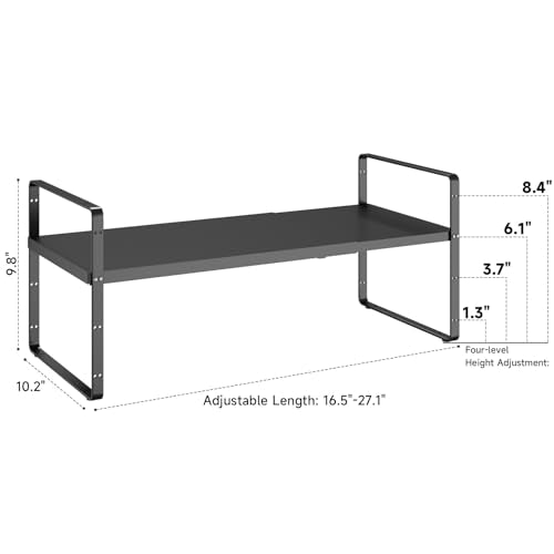 16.5~27.1" Expandable Shelf Organizer, 2Pack 10.2" Wide Stackable Cabinet Shelf Organizers, Black Metal Sturdy Kitchen Counter Storage for Countertop, Adjustable Height Spice Rack - color: Black, size: 2Pack-10.2''W-Holeless
