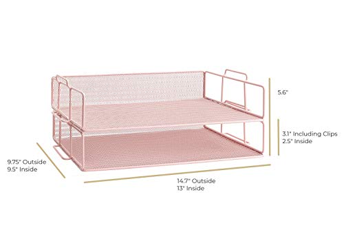 BLU MONACO | Paper Tray Stackable Pink Mesh Set of 2 | Stackable File Trays for Desk Organization | Tiered Desk Organizer with Metal Letter Trays and Workspace Organizer - color: Pink