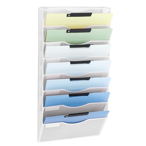 EASEPRES 8 Pocket Mesh Hanging Wall File Organizer, Wall Mounted Mail Paper Document Folder Holder, Clipboard Storage Organization Magazine Rack with Nametag Label for Office Home School, White - color: White, size: 8 Tier