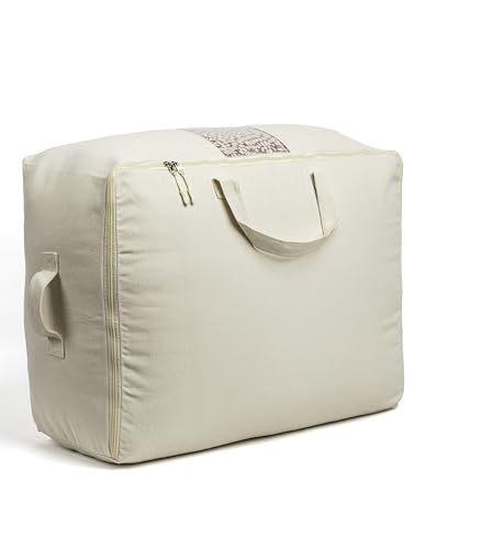 Soft Canvas Storage Bags with Zipper. Thick Breathable, 1pc King/Queen Comforter Organizer. Four Carrying Handles and Window. Large 25x19x9in Bag for Sheets Blankets Bedding Pillows, Clothes - color: Beige, size: 1 Pack