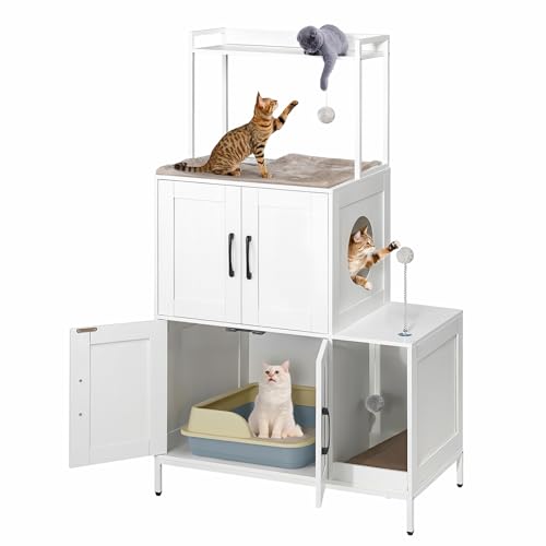 HOOBRO Litter Box Enclosure, Litter Box Furniture with Storage, 2-in-1 Hidden Cat Furniture with Shelf, 2 Dangling Plush Balls and 1 Toy Ball, Large Wooden Cat Washroom, White WT78MW01 - color: White