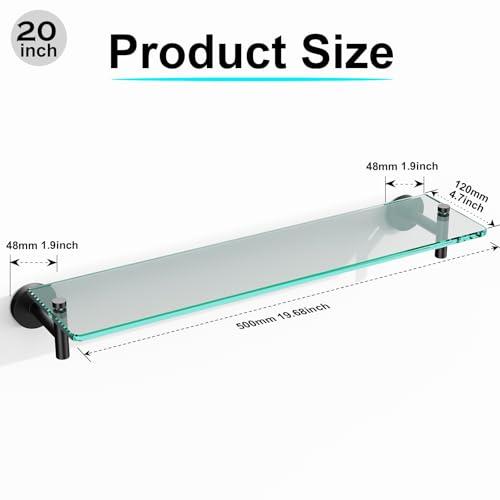 Glass Shelves for Bathroom,20-Inch Matte Black Floating Bathroom Shelf Stainless Steel Tempered Glass Shelf Modern Shelves Wall Mounted - color: Matte Black, size: 20"without railing