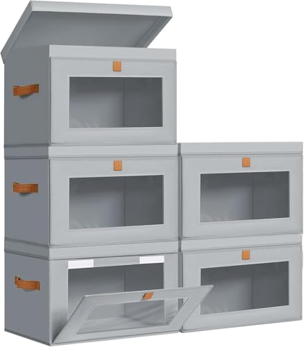 DIMJ Storage Bins with Lids - 5 Pack Large Fabric Closet Organizer with Window & Handles, Collapsible Decorative Storage Boxes for Shelves Under Bed, Books Clothes Blankets Sweaters Organization - color: Gray, size: Large-5 Pack