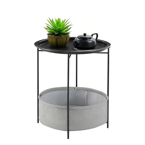 VECELO Round Side/End Table with Fabric Storage Basket，Metal Anti-Rust and Waterproof Small Bedside Nightstand with Removable Tray Top for Living Room，Balcony & Laundry，Black /1pcs with Basket - color: Black, size: 1 PCS