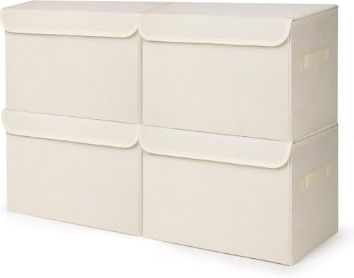 Bagnizer Large 22 Quart [4-Pack] Linen Fabric Foldable Storage Bin Cube Organizer Basket with Flip-Top Lid & Handles, Clothes Blanket Box for Home, Office, Closet (14.6 x 9.5 x 9.5, Beige) - color: Beige, size: Medium - 4 Pack