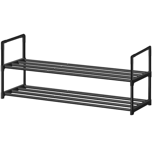 Shoe Rack - Metal Shoe Rack Organizer - Stackable Shoe Storage Shelf for Entryway, Closet, Bathroom 30cm(D) x 92cm(W) x 55cm(H) -Black (2-Tier) - size: 2-Tier