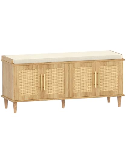 Akxomel Rattan Shoe Storage Bench with Cushion, 2-Tier Entryway Bench with Adjustable Shelves and 4 Doors, 15" D x 47.2" W x 20" H, Solid Wood Legs, for Hallway, Living Room, Bedroom, Natural Oak - size: 15"D x 47.2"W x 20"H