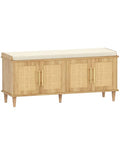 Akxomel Rattan Shoe Storage Bench with Cushion, 2-Tier Entryway Bench with Adjustable Shelves and 4 Doors, 15" D x 47.2" W x 20" H, Solid Wood Legs, for Hallway, Living Room, Bedroom, Natural Oak - size: 15"D x 47.2"W x 20"H