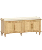 Akxomel Rattan Shoe Storage Bench with Cushion, 2-Tier Entryway Bench with Adjustable Shelves and 4 Doors, 15" D x 47.2" W x 20" H, Solid Wood Legs, for Hallway, Living Room, Bedroom, Natural Oak - size: 15"D x 47.2"W x 20"H