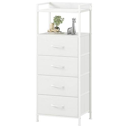 Somdot White Nightstand with 4 Drawers, Vertical Storage Tower Fabric Dresser for Bedroom, Bedside Table Furniture, Sturdy Steel Frame, Wooden Top & Easy Pull Fabric Bins - color: White Leather, size: 11.4"D x 15.2"W x 36.3"H (4 Drawers)