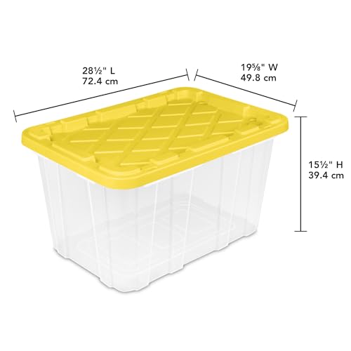 Sterilite 4 Tier Tote Rack, Vertical Plastic Organizer with 4 Pack 27 Gallon Industrial Storage Totes, Clear - for Garages, Workshops, or Basements - size: 27 Gallon - Clear/Yellow + Tote Rack