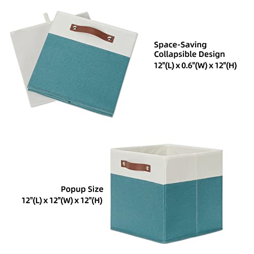 HNZIGE Storage Cubes Bins for Organization Set of 4, Fabric Storage Cube 12 x12, Collapsible Storage Bins Basket Cube with Handles, Canvas for Organizing Shelf Home Nursery(Teal White) - color: White, size: 12"x12"x12"-4pack