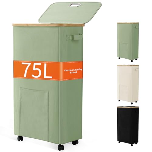 Vincona Laundry Basket with Wheels, Dirty Clothes Hamper on Wheels, Rolling Tall Laundry Hamper with lid for Laundry Room, Dorm and Bathroom, 75L Sage Green - color: Sage Green, size: 75L