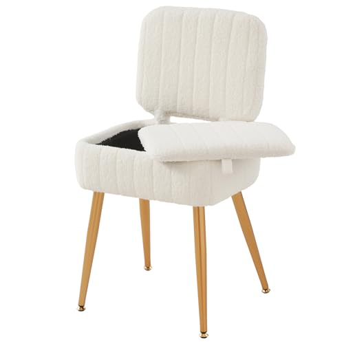 Updated Vanity Chair, Storage Ottoman with Folding Back & Gold-Toned Metal Legs, Ottoman Seat with Teddy Velvet for Dressing Room Living Room Bedroom, 16" x 12.5" Inch - color: White, size: 16" x 12.5"